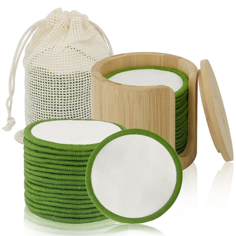 set of bamboo makeup remover pads in a bamboo holder