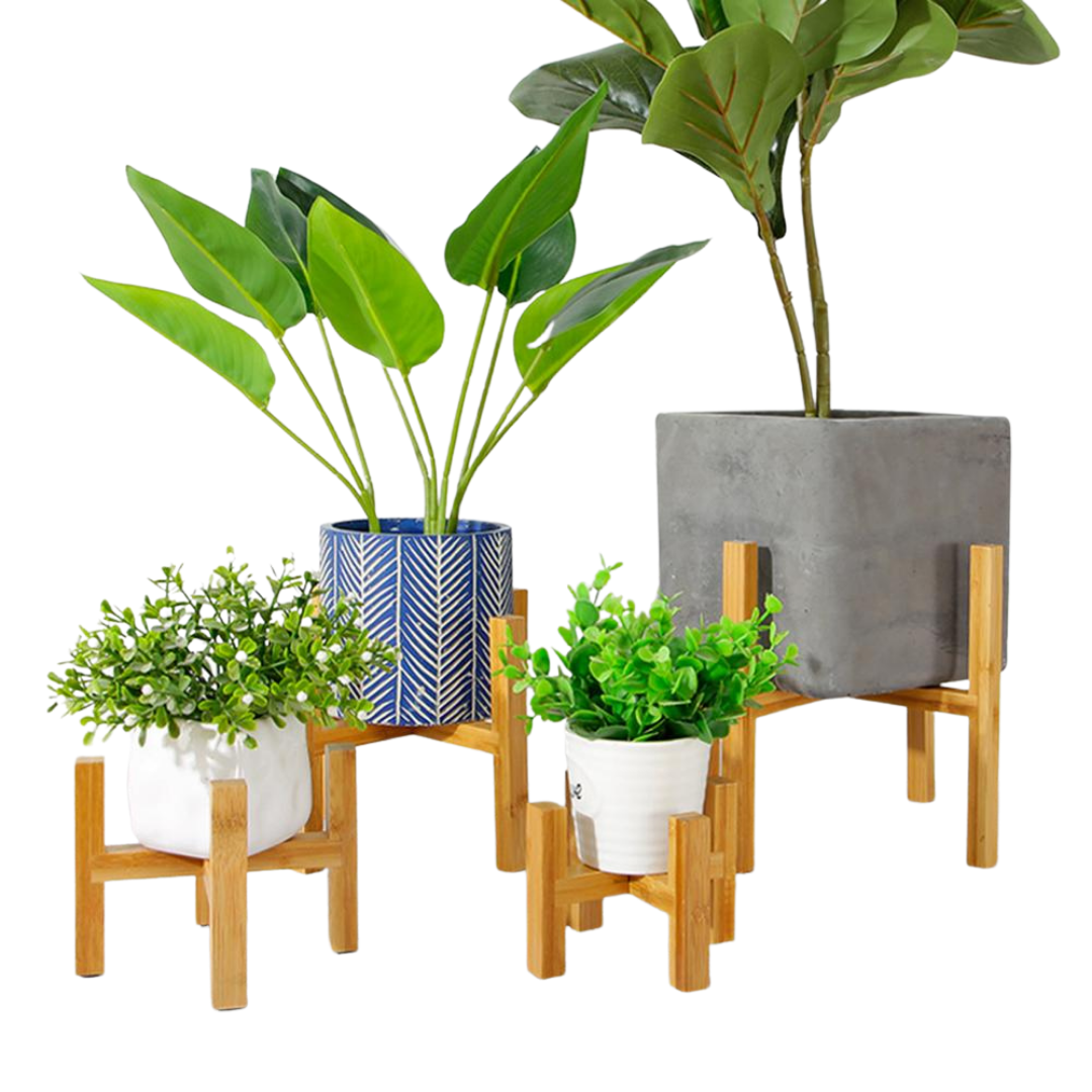 This Simple Plant Stand is depicted on a white background with modern planters and green plants  at Earth to Daisy